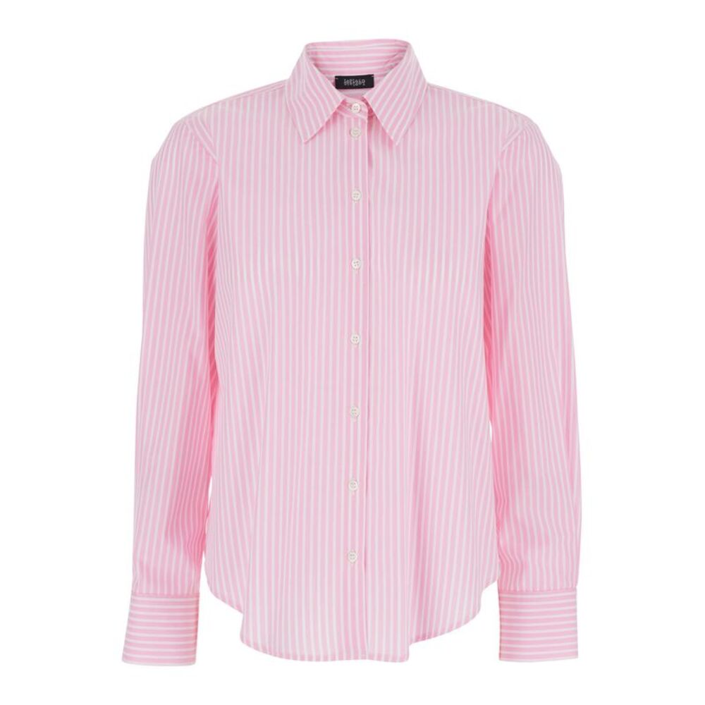 Plain Women Pink Shirt With Classic Collar And Striped Motif In Cotton Woman